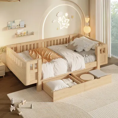 Produktbild von MODFU Jugendbett 90x200 mit 2 Schubladen und Matratze,Kinderbett Bettrahmen mit Schutzgitter,Plattformbett Holzbett aus Massivholz,Holzfarbe