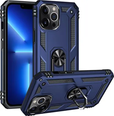 A blue iPhone case with a built-in ring stand is shown from two angles against a white background.