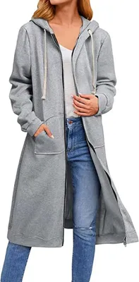 Produktbild von ASKSA Damen Kapuzenjacke Kapuzenpullover Lange Sweatjacke Reißverschluss Oversize Lose Sweatshirt, Grau, S