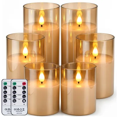 6 goldene Glas-Flamenlose Kerzen, batteriebetrieben, Timer