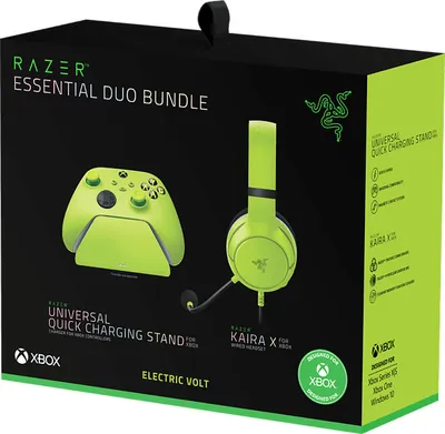 Produktbild von Razer Essential Duo Bundle für Xbox - Kabelgebundenes Headset und Schnellladegerät für Xbox-Controller (Kaira X for Xbox, Triforce 50-mm-Treiber, HyperClear Kardioiden-Mikrofon) Lime