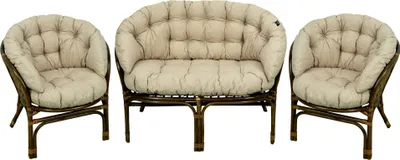A set of rattan furniture including two chairs and a loveseat, all with beige cushions, displayed on a white background.