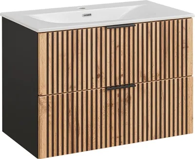 Zdjęcie produktu dla Szafka podumywalkowa 80 cm z umywalką białą XANTEN-56 w kolorze antracytowym z czarnym dębem ryflowanym, szer./wys./gł.: ok. 81/58,5/46 cm