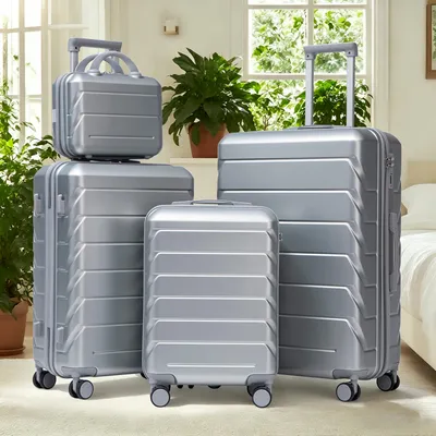 Produktbild von MODFU Reisekoffer mit 14"-Kosmetikkoffer,4er-set-Trolleys mit 360°-Rollen und Teleskopgriff,Klassische Koffer aus ABC,19"/24"/28",Silber