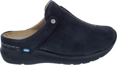 A single blue clog shoe is shown from the side on a white background.