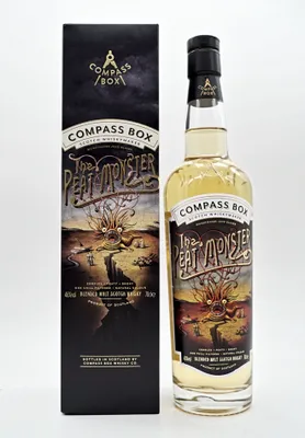 A bottle of Compass Box The Peat Monster Scotch Whisky and its packaging.