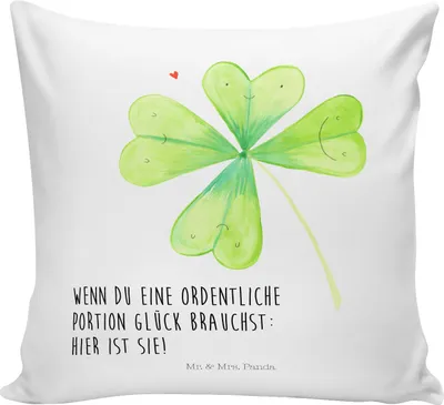 Produktbild von Mr. & Mrs. Panda Sofa Kissen Blume Kleeblatt - Weiß - Geschenk, bedruckt, Glücksbringer, 40x40, Neuer Job, Umzug, Kuschelkissen, Deko, Glück, Blumen, Dekokissen
