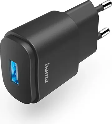 A black USB-A charger with the Hama logo visible.
