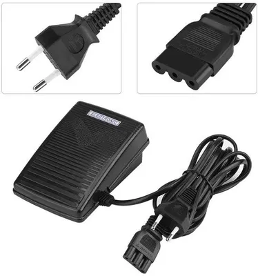 Image de Pédale électrique pour machines à coudre domestiques, avec câble d'alimentation, pédale multifonction et deux fiches rondes pour le réglage de la vitesse.