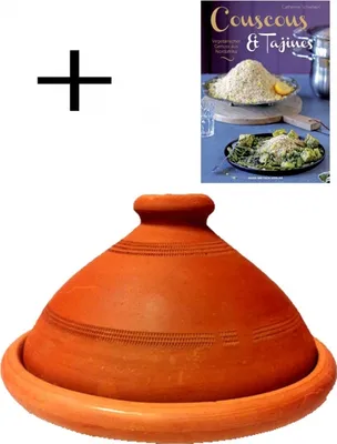 Immagine prodotto di Tajine originale dal Marocco, incluso il libro di cucina Delizia vegetariana dal Nord Africa, pentola di argilla per cucinare, Tuareg Ø 35 cm, per 6-8 persone, invasata a mano da Marrakech, non smaltata, priva di sostanze nocive
