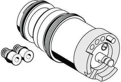 A line drawing illustration of a plumbing cartridge and two smaller components.