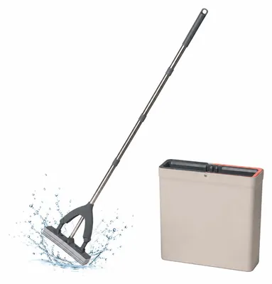 Obrázek produktu pro Relaxdays Sada na mytí podlah, 5litrový kbelík s funkcí odtoku vody, 3 komory, mop s PVA houbičkou, rozměry: 29x34x11 cm, podlahový mop, barva: béžová