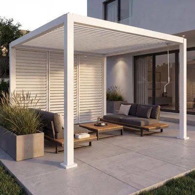 Produktbild von Pergola HWC-P65 mit 3x Lamellenwand, Terrassenüberdachung Garten Lamellen-Pavillon, 10cm-Alu-Gestell 3x3m weiß