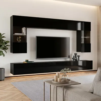 Produktbild von Moderne Wohnwand mit Beleuchtung in schwarz Hochglanz CAIRNS-132, B/H/T ca. 300/200/43 cm