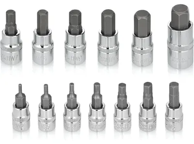 Immagine prodotto di Set di chiavi a bussola esagonali, 13 pezzi, sistema metrico da 2 a 14 mm, in acciaio S2, per chiavi dinamometriche e trapani