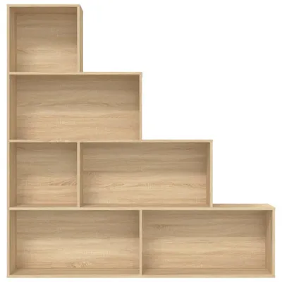 A modular bookshelf unit with multiple compartments, arranged in a staggered, staircase-like design.