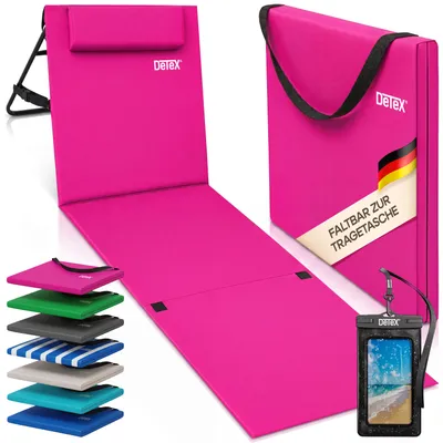 Produktbild von DETEX® Strandmatte mit Rückenlehne Gepolstert Pink Sonnenliege klappbar UV-beständig Tasche Reißverschluss Kissen Tragegurt Garten Camping Picknick Liegematte 158x56cm