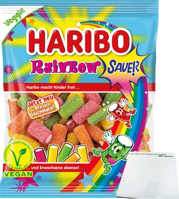 Produktbild von Haribo Rainbow Sauer Tropical Pfirsich Erdbeere Apfel Geschmack (160g Packung) + usy Block