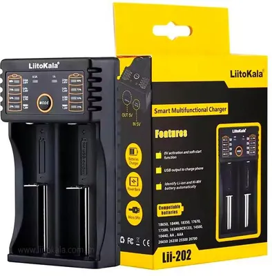 A LiitoKala Lii-202 smart multifunctional charger and its packaging.