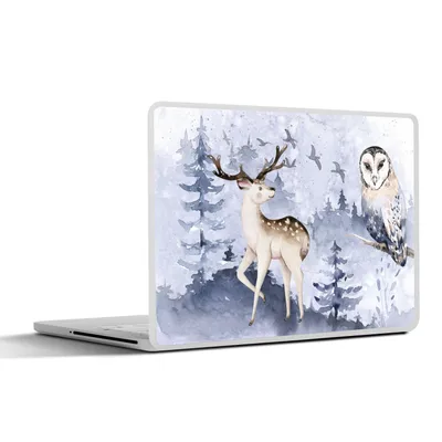 Produktbild von MuchoWow® Laptop Aufkleber Sticker Cover Winter - Wald - Eule - Hirsch 32.5x23.5 cm - Sticker für Laptop - Selbstklebend