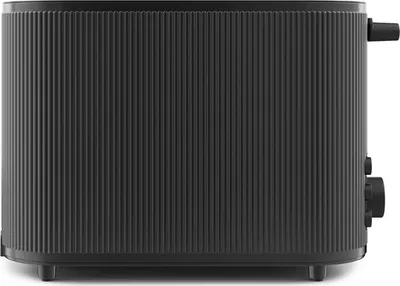 A side view of a black toaster with a ribbed texture.