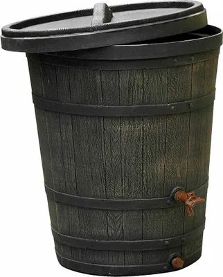 A rain barrel with a lid ajar, shown against a white background.