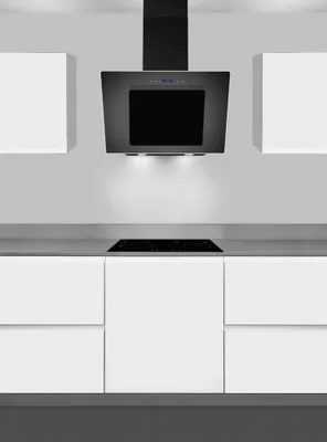 Modern kitchen with white cabinets, a black range hood, and a black stovetop.