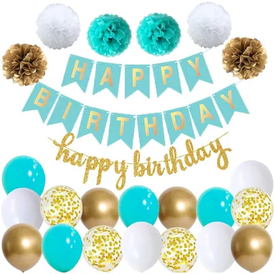 Produktbild von Geburtstagsdeko Set Türkis Weiß Girlande Luftballons Pompoms Mädchen Party