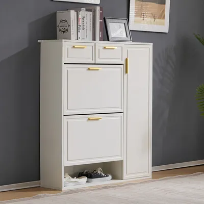 Image de Abrihome Armoire à chaussures pliante - 95x24x107.5 cm avec compartiments ouverts et tiroirs, 2 étagères réglables, blanc