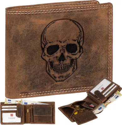 Produktbild von RFID Büffel Echt Leder Geldbörse Portemonnaie Herren mit geprägtem Motiv  Tan Querformat Totenkopf