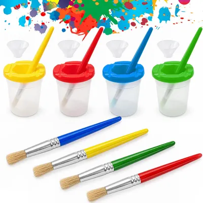 Wasserbecher für Pinsel, 4 Stück mit Deckel und 4 Pinseln
