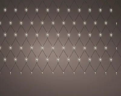 A net of white LED lights against a plain background.