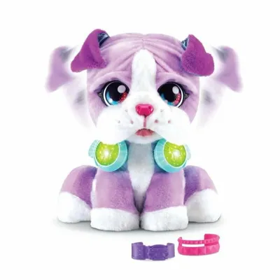 A plush toy dog sitting on a white background.