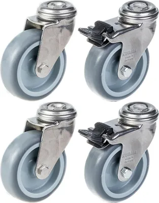Immagine prodotto di 75 mm 3" in acciaio inox con ruote in gomma grigia, girevoli e con freno, 240 kg, set di 4