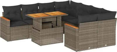 Produktbild von vidaXL 9-tlg. Garten-Sofagarnitur mit Kissen Grau Poly Rattan Akazie
