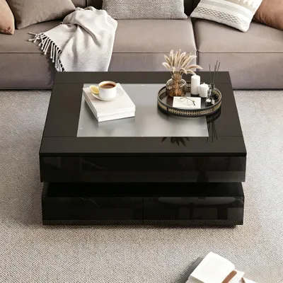 Obrázek produktu pro Konferenční stolek se skleněnou deskou, rozměry 70x70x35 cm, černá, lesklá barva, vyrobený z dřevotřísky a bezpečnostního skla, s LED osvětlením a 3 zásuvkami, ideální do obývacího pokoje