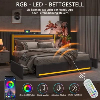 Produktbild von Doppelbett 140x200 cm Grau, LED, USB, 4 Metallschubladen, Leinen, praktisch und modern für Erwachsene