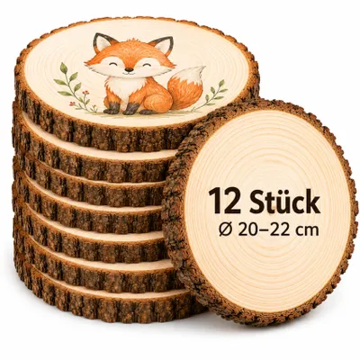 Produktbild von Holzscheiben 20-22 cm, 12 Stück Baumscheiben 20cm, Naturkiefer ohne Loch, 20mm dick, ungeschliffen, große Holzscheiben zum Basteln, DIY Deko Hochzeit
