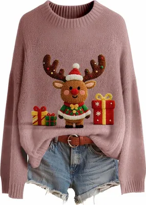 Produktbild von ASKSA Damen Weihnachtspullover,Strickpullover Rundhals Pulli Sweater Herbst Winter Warm Strickpulli Weihnachtspulli (C-Rosa,L)