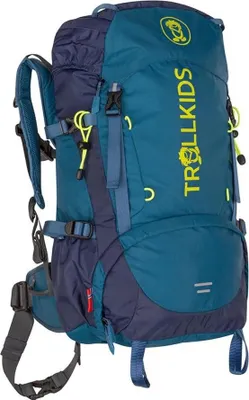 A teal and navy blue backpack with yellow accents and branding.