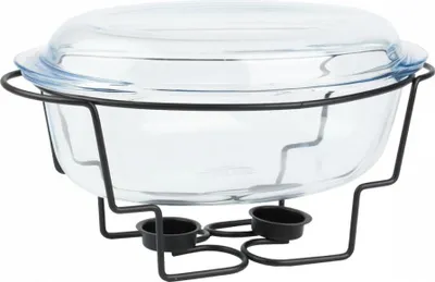 Produktbild von TOPFANSpeisenwärmer Set 4L – Ovales Serviergeschirr aus Borosilikatglas mit schwarzem Metallgestell & 2 Teelichthaltern – Backofenfest & Spülmaschinen