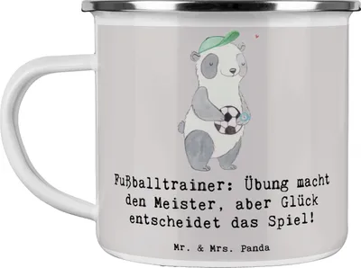 Produktbild von Mr. & Mrs. Panda Teetasse Fußballtrainer Erfolgskick - Grau Pastell - Geschenk, Reisebecher, Teebecher, Emaille Tasse, blechbecher, Motivation Fußball, Haferl, Spielfeld