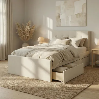 Produktbild von Homestyle4u Polsterbett 120x200 Beige Doppelbett Bettgestell 2 Schubladen