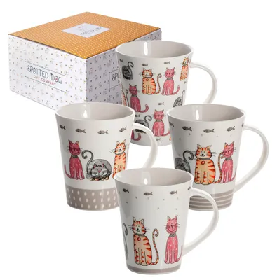 Produktbild von Kaffeebecher Katzenbecher Tassenset - 360 ml - Keramik - 4 Stück - Mit Katzenmotiv - Geschenkbox