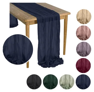 Produktbild von MEBLE ODNOWA, Tischläufer, BOHO-Tischläufer aus Gaze, Gaze Tischdeko, Navyblau, 90 × 300 cm, Elegant, Gazestoff, Leicht, Luftig, Maschinenwaschbar, Pflegeleicht, Tischdekoration, Weicher Stoff, Boho Tischdeko, Langer Tischläufer