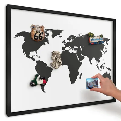 Produktbild von Magnettafel 70x50 cm mit schwarzem Rahmen - Magnetische Metalltafel, Magnetpinnwand zur Wandmontage für Wohnzimmer, Küche, Flur, Kinderzimmer und Büro - Weltkarte