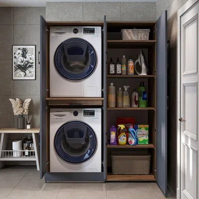 Produktbild von Roomart Waschmaschinenschrank " DORA SET" für Trockner & Waschmaschine, 130 cm breit,  in 4 Farben, mit Türen & Ausziehbrett - Weiß - Weiß Eiche - Anthrazit Eiche - Eiche
