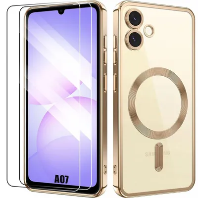 Image de Coque + 2 Verres Trempés pour Samsung Galaxy A07, Protection Silicone avec Anneau Magnétique - Doré