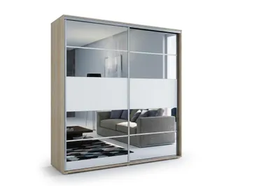 Produktbild von A6 Schiebetürenschrank mit Spiegel - Sonoma, Fronten Weiß - 230 x 62 x 245 cm