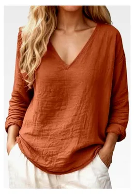 Produktbild von Musselin Hemd Damen Große Größe V-Ausschnitt Langarmshirt Casual Blusenshirt Einfarbig Leinen Blusen Locker Longsleeve Tunika Shirt Tops Leinenshirt Blusehemd Oberteile